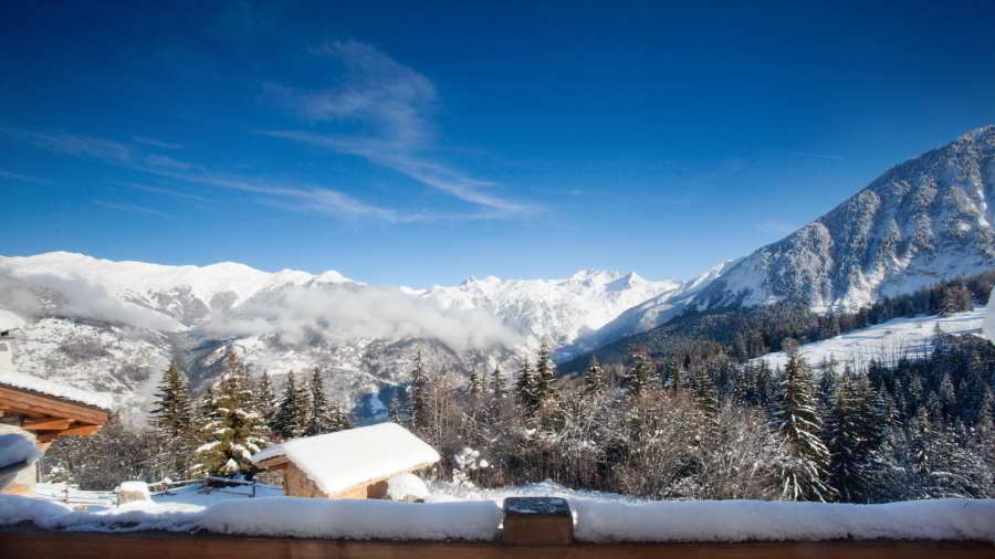 Snowy terrace view of chalet Elista for rent in Courchevel 1550