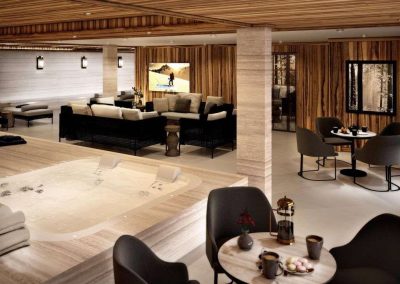 Relaxation Area at Luxury Chalet Aurore with services and private nightclub for 15 people to rent in Courchevel 1850 with In-Luxe Chalets France