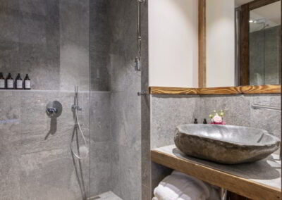 A bathroom at Luxury self-catered ski-in out apartment Valchar in Val d'Isere for rental with In Luxe Chalets France